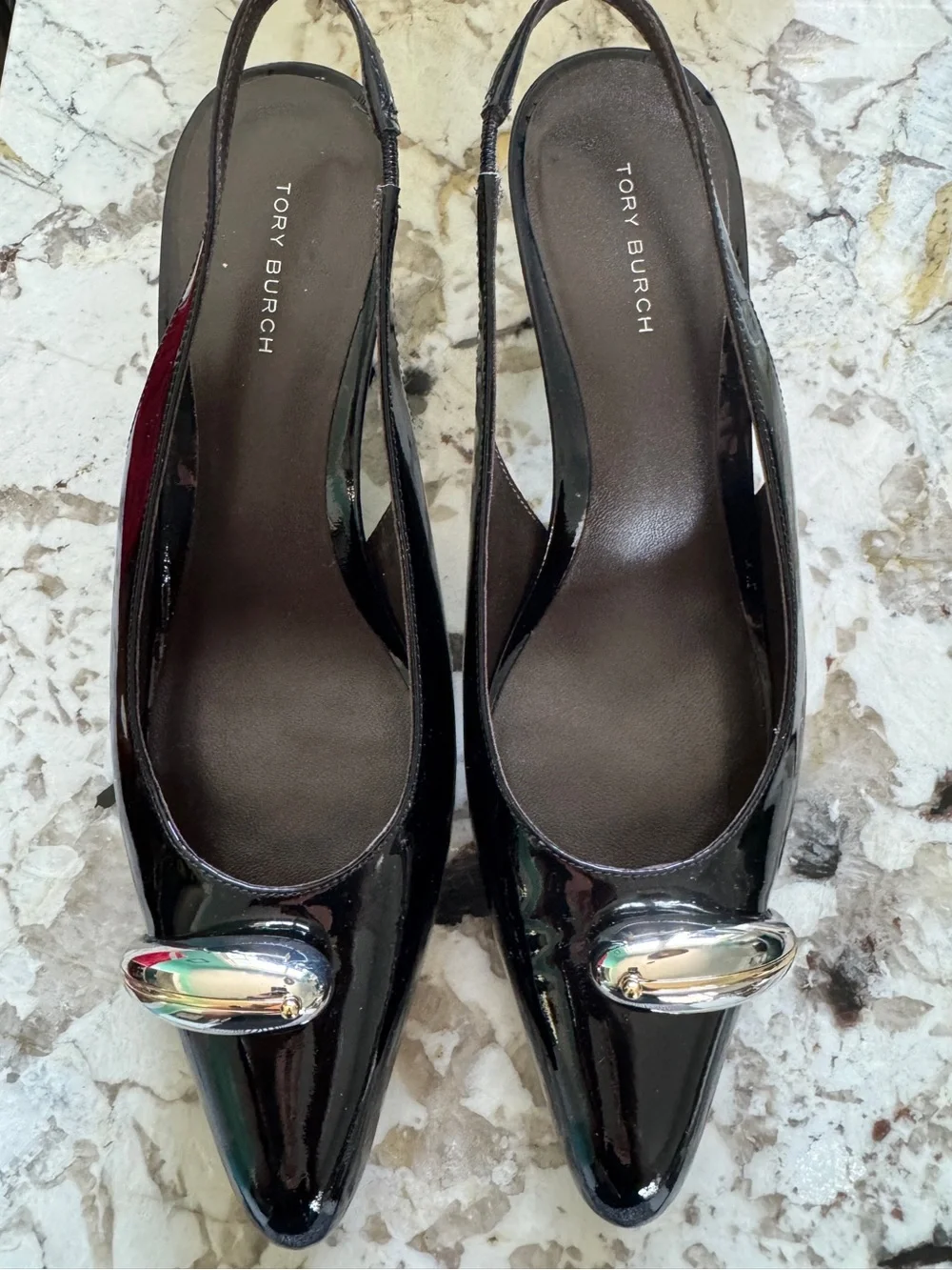 Tory Burch Pierced Black Patent Leather Slingback Heels - Size 8.5